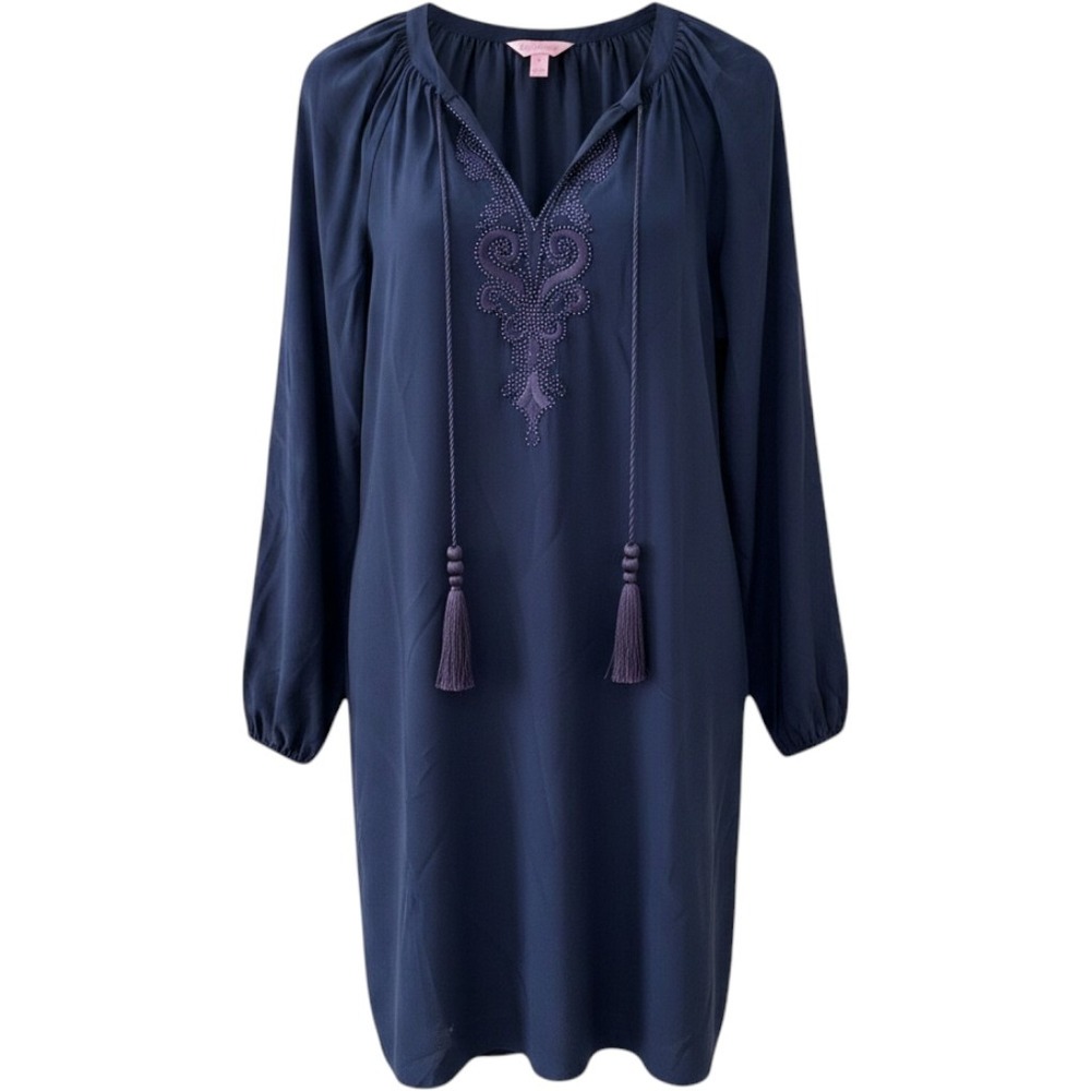 Lilly Pulitzer Silk Dress S Navy Blue Beaded Tassel‎ Embroidery Shift